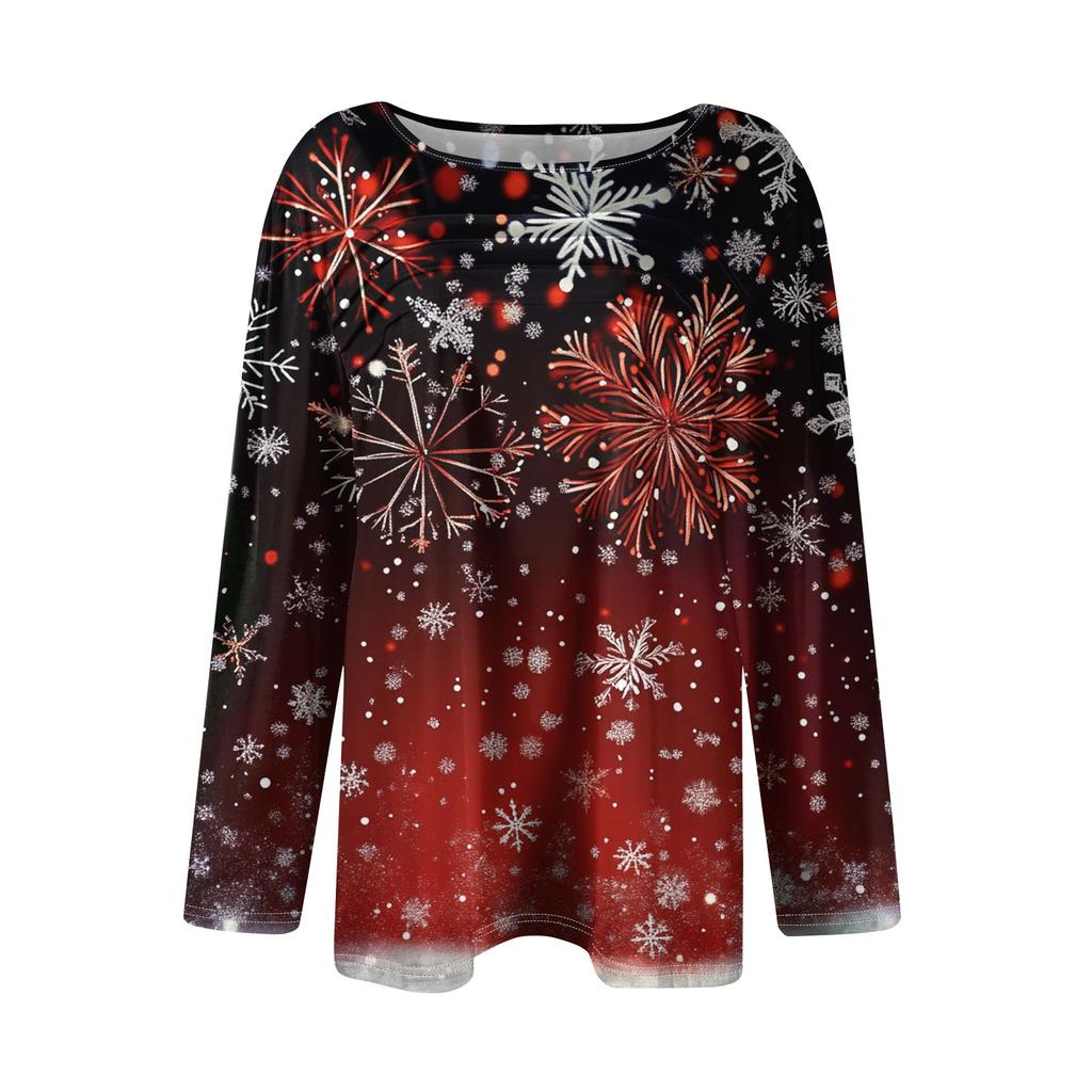 Damenmode, lässig, weihnachtlich bedruckt, Rundhalsausschnitt, plissiert, Langarm-T-Shirt