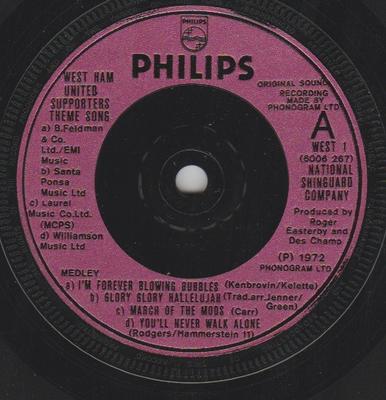 7inch Record NATIONAL SHINGUARD COMPANY - West Ham United Supporters Theme So WEST1 Philips 1972 UK Pop Used