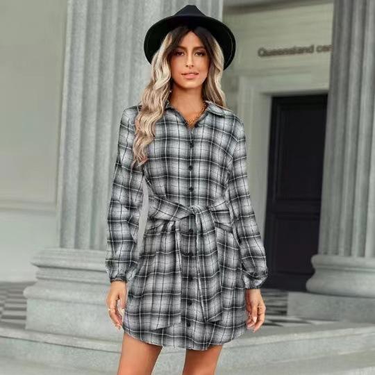 European and American women's clothing autumn new strap waist shirt skirt fashion plaid dress
