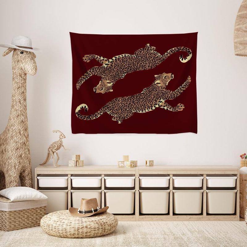 Weinrot doppeltes Leoparden-Gobelin, Wandbehang im leichten Luxusstil, Retro-Tier-Wanddekoration für Schlafzimmer Wohnzimmer