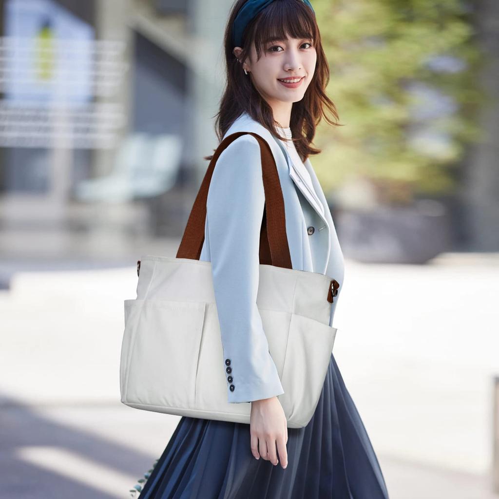 NUBILY Canvas Tote Bag, Shoulder Bag for Men and Women, Large Capacity, Solid Color, Canvas Tote Bag, Crossbody Bag, for Commuting, School, White