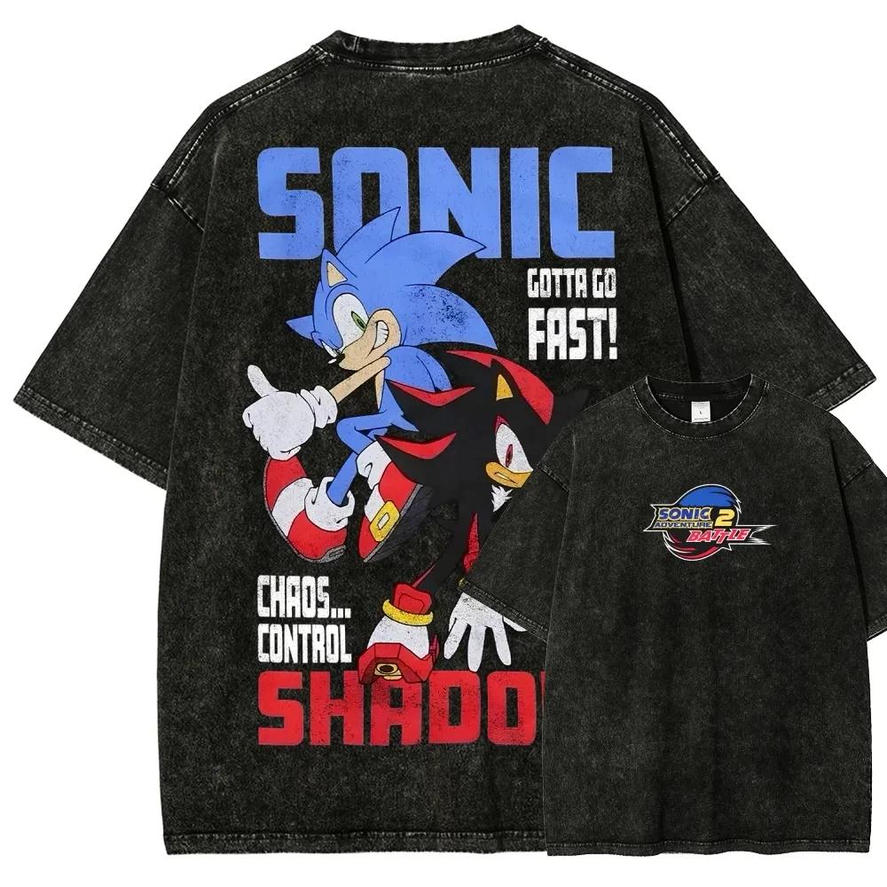 Classic Anime Manga Games Sonic Peripherals Print T-shirts Fashion Loose Oversized Tee Men Women Retro Washed Cotton Tops