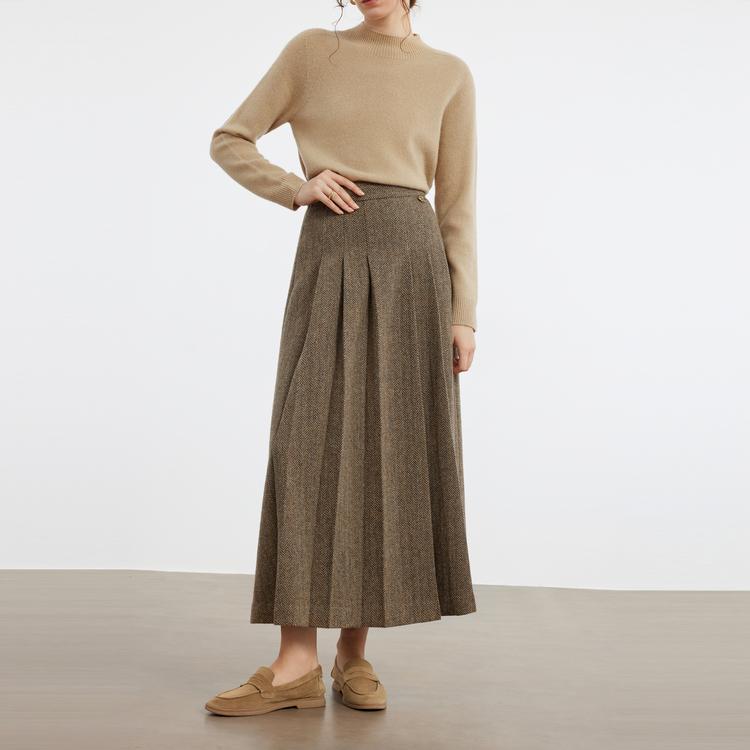 ELLE French Style Solid Color Mid-Length Pleated Skirt Wool Casual Long Skirt Women skirts Brown ER49917