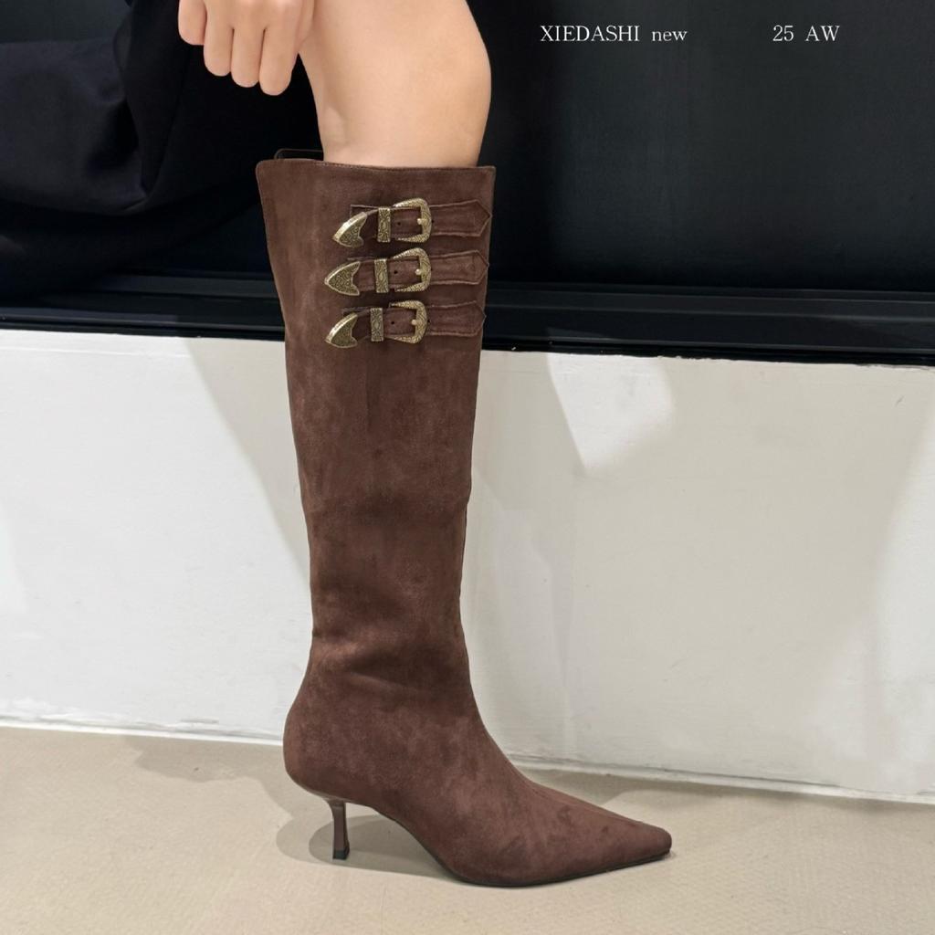 Spice girls pointed high-heeled boots 2025 new design sense niche Maillard foreign look thin heel Martin boots