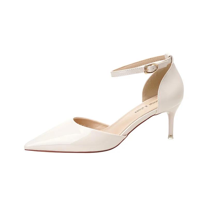 Summer Fashion Ladies Pumps Pointed Toe Patent Leather Buckle High Heeled Sandals Women Career Commuter Wedding Shoes