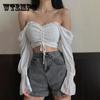 Chiffon Blouse Sexy Off Shoulder Long Sleeve Drawstring Short Top French V-neck High Waist Cropped Navel Shirt Solid Fashion Y2k Tops