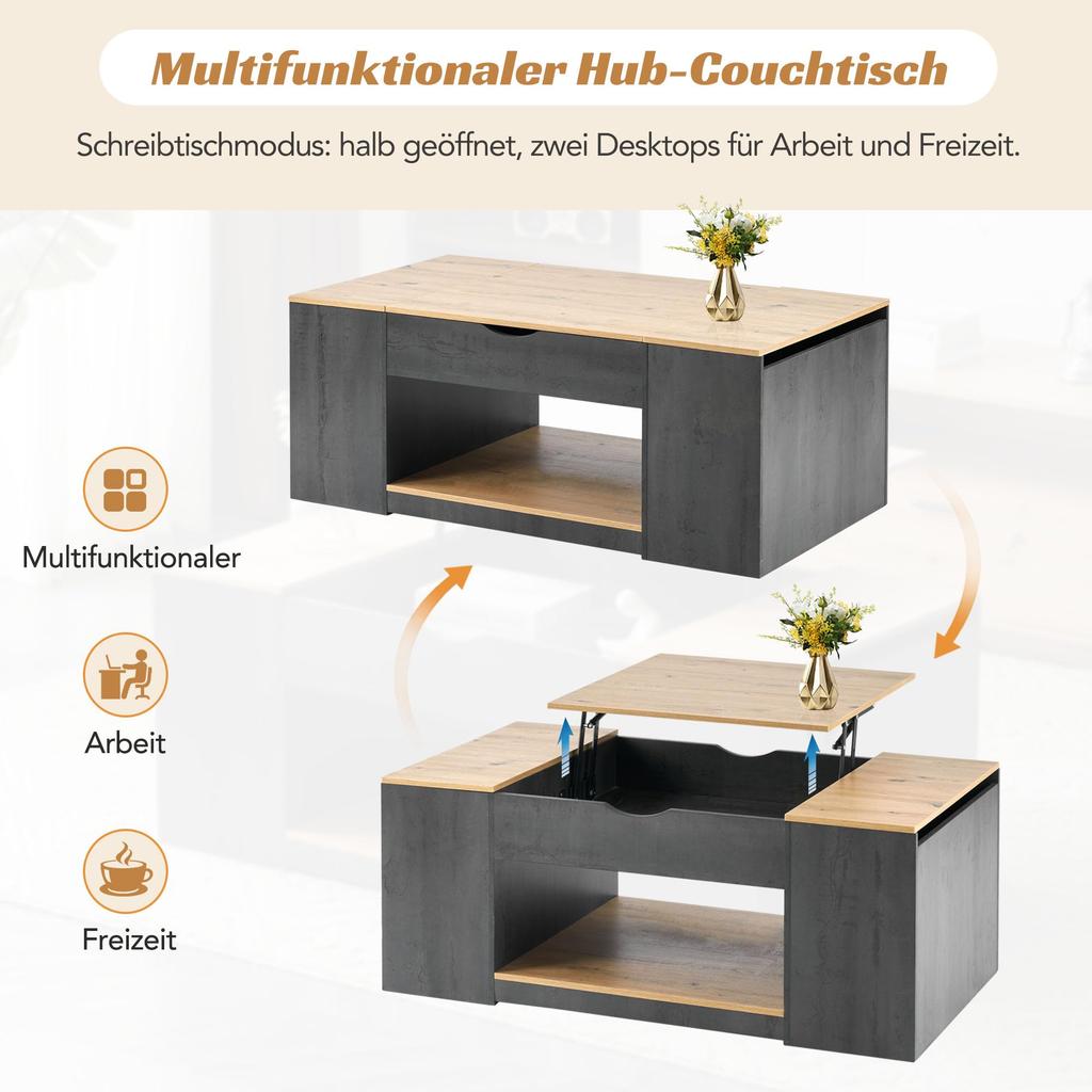 Couchtisch Kaffeetisch Offenes Fach, Versteckte Aufbewahrung, Hebbarer Tischplatte, Holz Sofatisch Beistelltisch Wohnung, Büro, Grau & Hellbraun