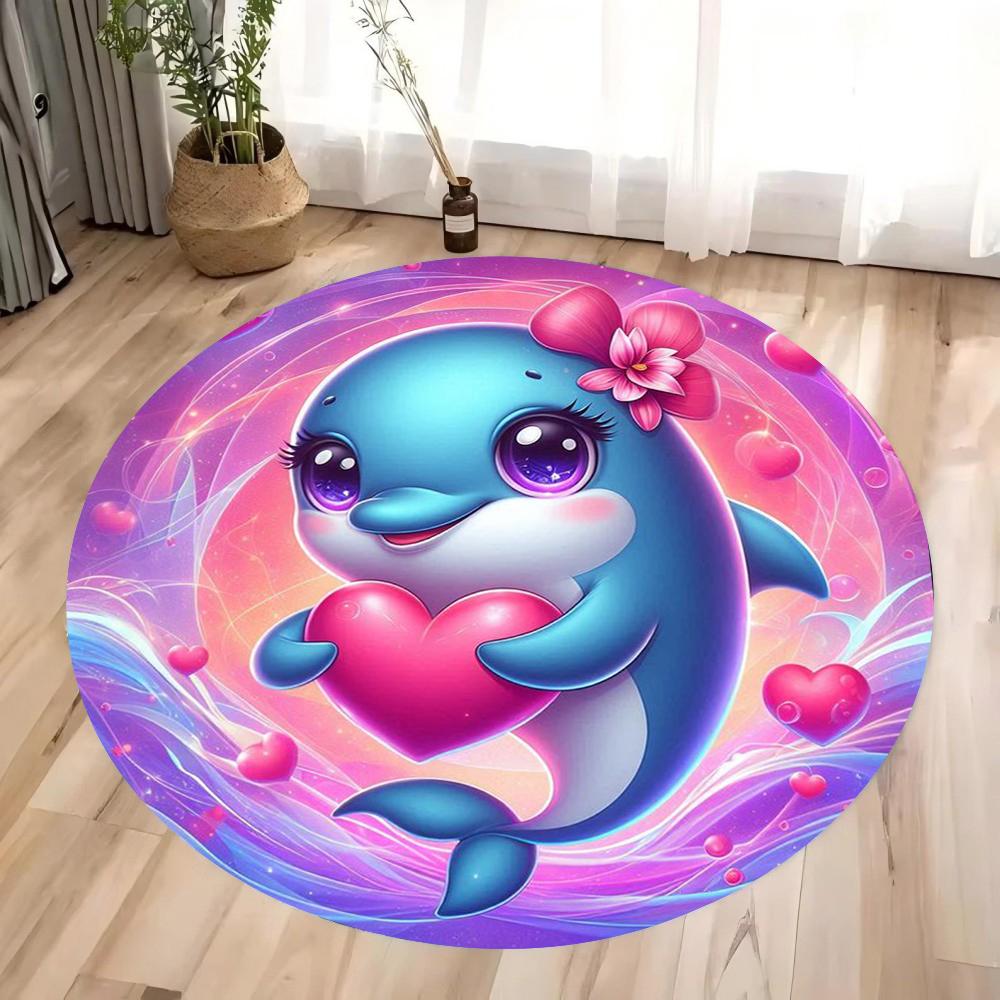 Cartoon Cute Dolphin Printed Round Carpet  Very Suitable for Children's Play Areas Bedrooms Living Rooms Anti Slip Carpets