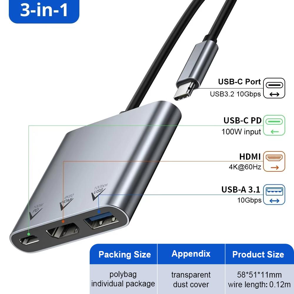 ULT-unite 3-Port Portable Aluminum Alloy Docking Station USB Hub with for 4K 60Hz 10Gbps Transfer Rate-in Stock