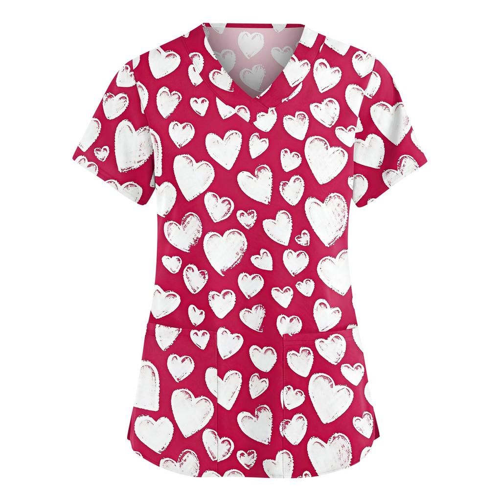 Women’s Short Sleeve V Neck T Shirt with All Over Heart Print Casual Loose Fit Lightweight Top for Daily Wear