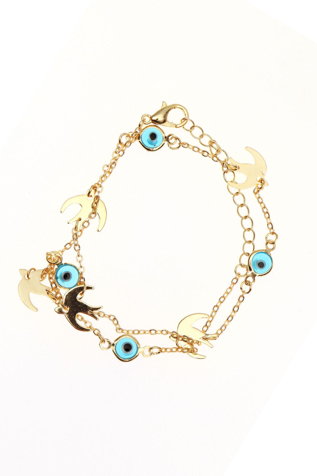 

Двухрядный браслет золотого цвета со стеклянным сглазом и фигуркой ласточки