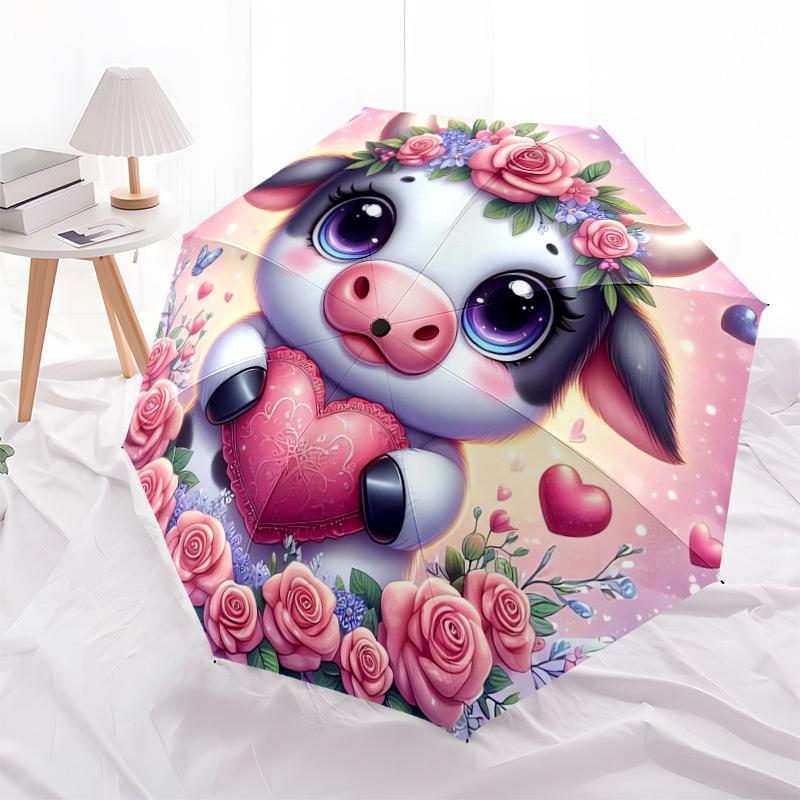 1pc Cute Cow with Floral Heart Umbrella with Plastic Handle,Suitable for All Seasons Home Travel Outdoor UmbrellaDD418