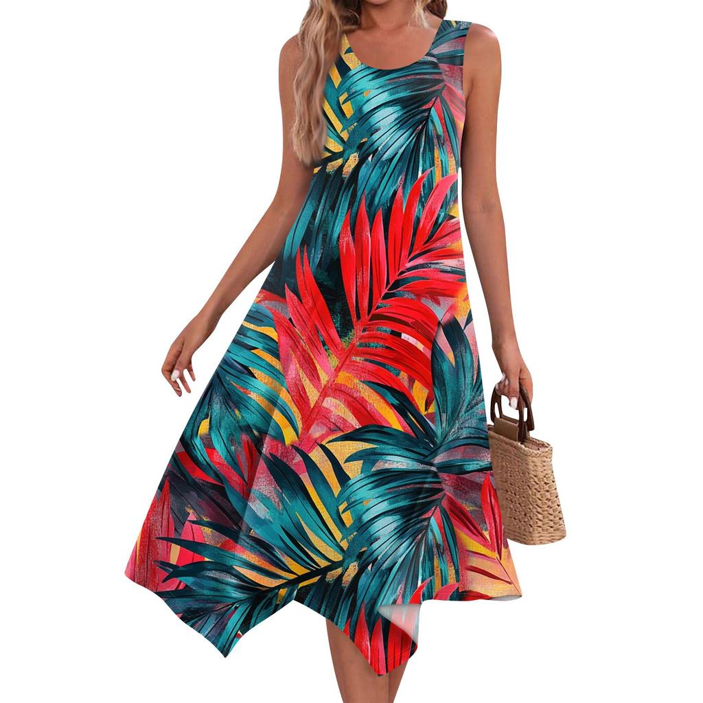 Women's Casual Fashion Round Neck Sleeveless Print Irregular Hem Midi Dress Hem Midi Dress