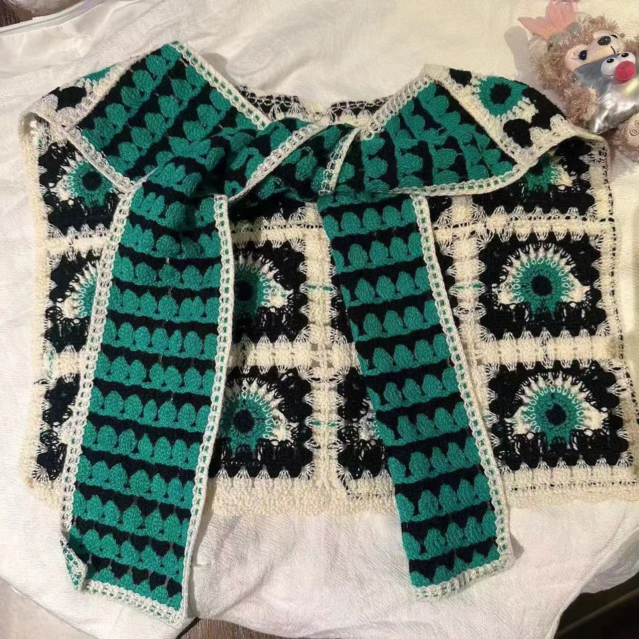 

Этническая шаль с ажурным крючком, воротник-стойка, рубашка-чеонгсам с универсальным шарфом, небольшой жилет с открытыми плечами зелёный