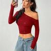 European Hot Girl Rhinestone Off-Shoulder Long Sleeve Knit T-Shirt - 2025 Spring Slim Fit Top