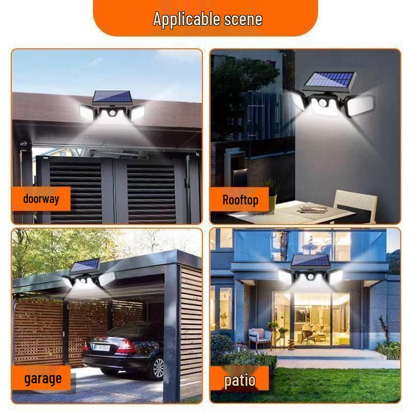 Three-Head LED Solar Motion Sensor Outdoor Wall Light, Waterproof for Garden, Courtyard, Fence, and Home Lighting.