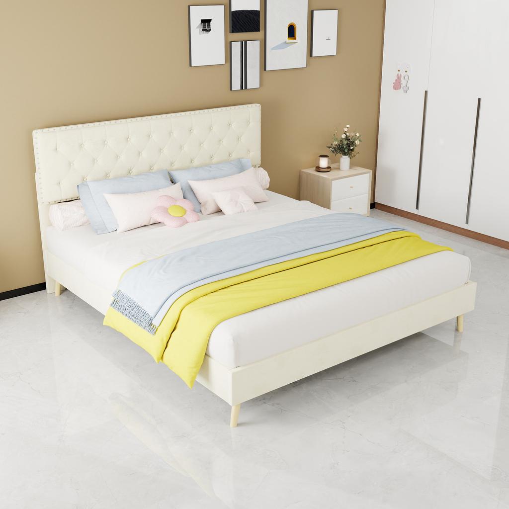 Modern minimalist soft bed, soft headboard, 160*200CM, beige, low box bed frame does not include gas rod,include160*200cm mattress.