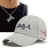 2pcs Men's Baseball Cap Necklace Set Embroidered Fish Outdoor Camouflage Leisure Cap Motorbike Titanium Steel Models Pendant Necklace Sun Hat