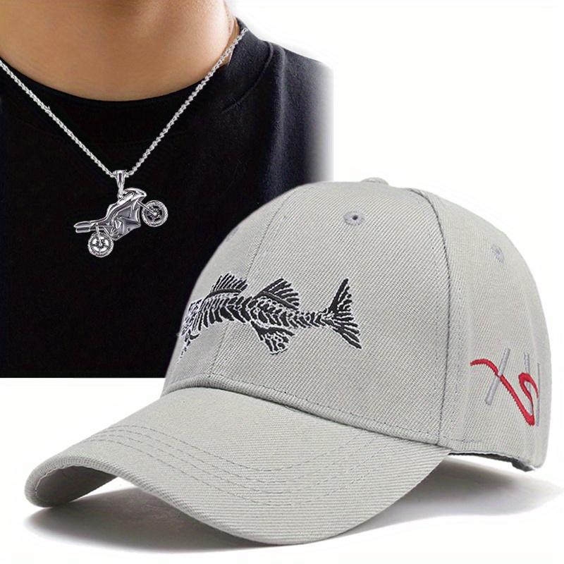 2pcs Men's Baseball Cap Necklace Set Embroidered Fish Outdoor Camouflage Leisure Cap Motorbike Titanium Steel Models Pendant Necklace Sun Hat