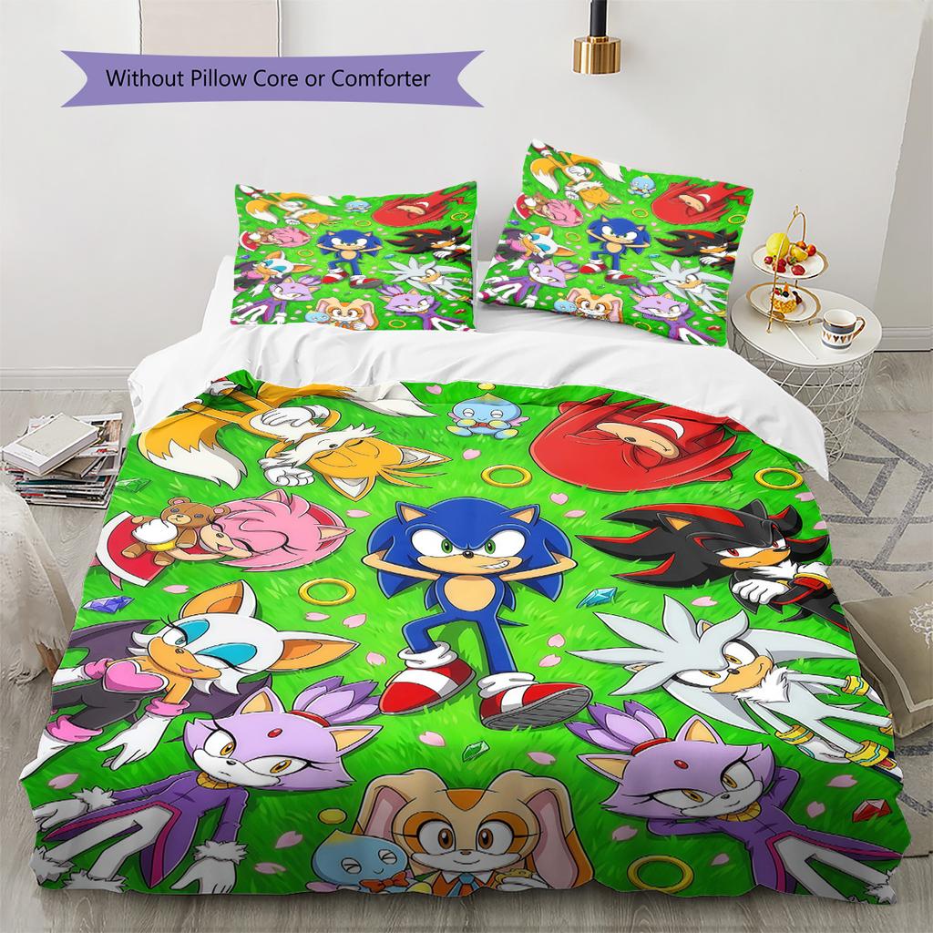 Blue Hedgehog Cartoon Pattern Bedding Set Quilt Cover Pillowcase Home Decor Gift (1 * Duvet Cover + 2 * Pillowcase, Without Core)