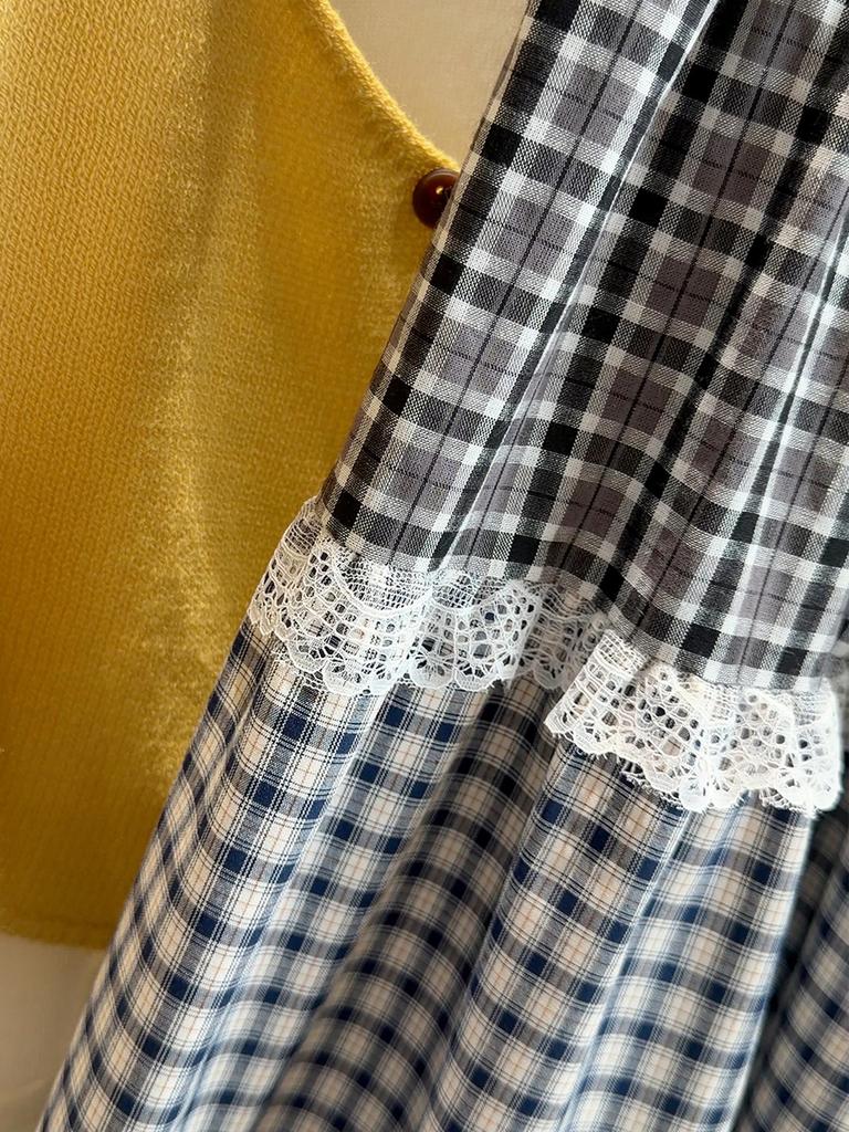 2026 Spring/Summer Women's Retro Plaid Lace Trim A-line Long Skirt with Elastic Waist