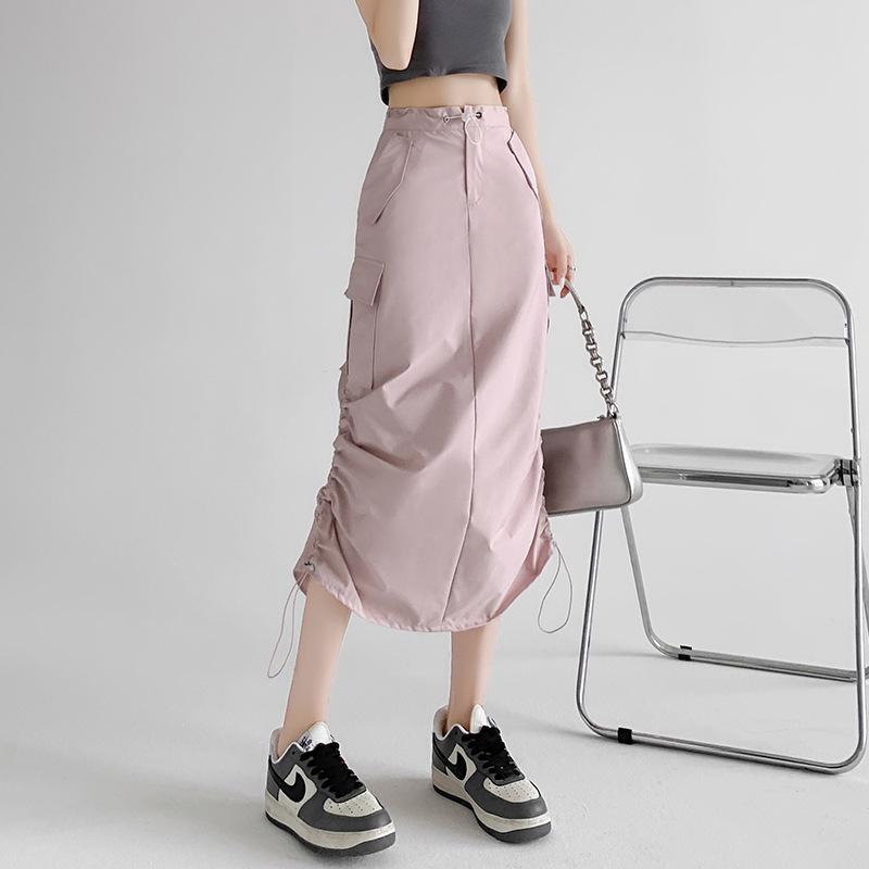 

Summer Thin New Street Retro Skirt Side Drawstring Split A-shaped Skirt S тёмно-синий