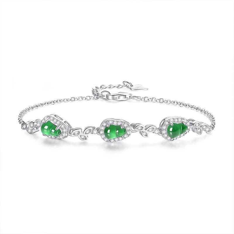 Natural jadeite gourd bracelet S925 sterling silver inlaid new Chinese fashion bracelet gift 925 silver