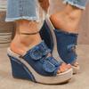Women's Denim Platform Flip-Flops Summer New Round Toe Open Toe Metal Belt Buckle Slide-Proof Heels