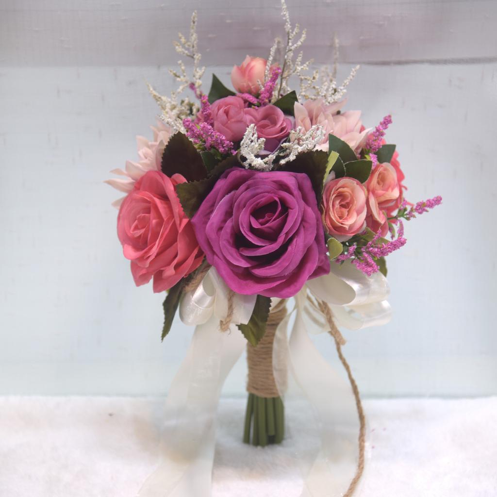 Bouquet da Sposa Rosa Artificiale Avvolto in Juta e Raso Fiore Finto Portatile per Certificato di Matrimonio Ritratti all'Aperto