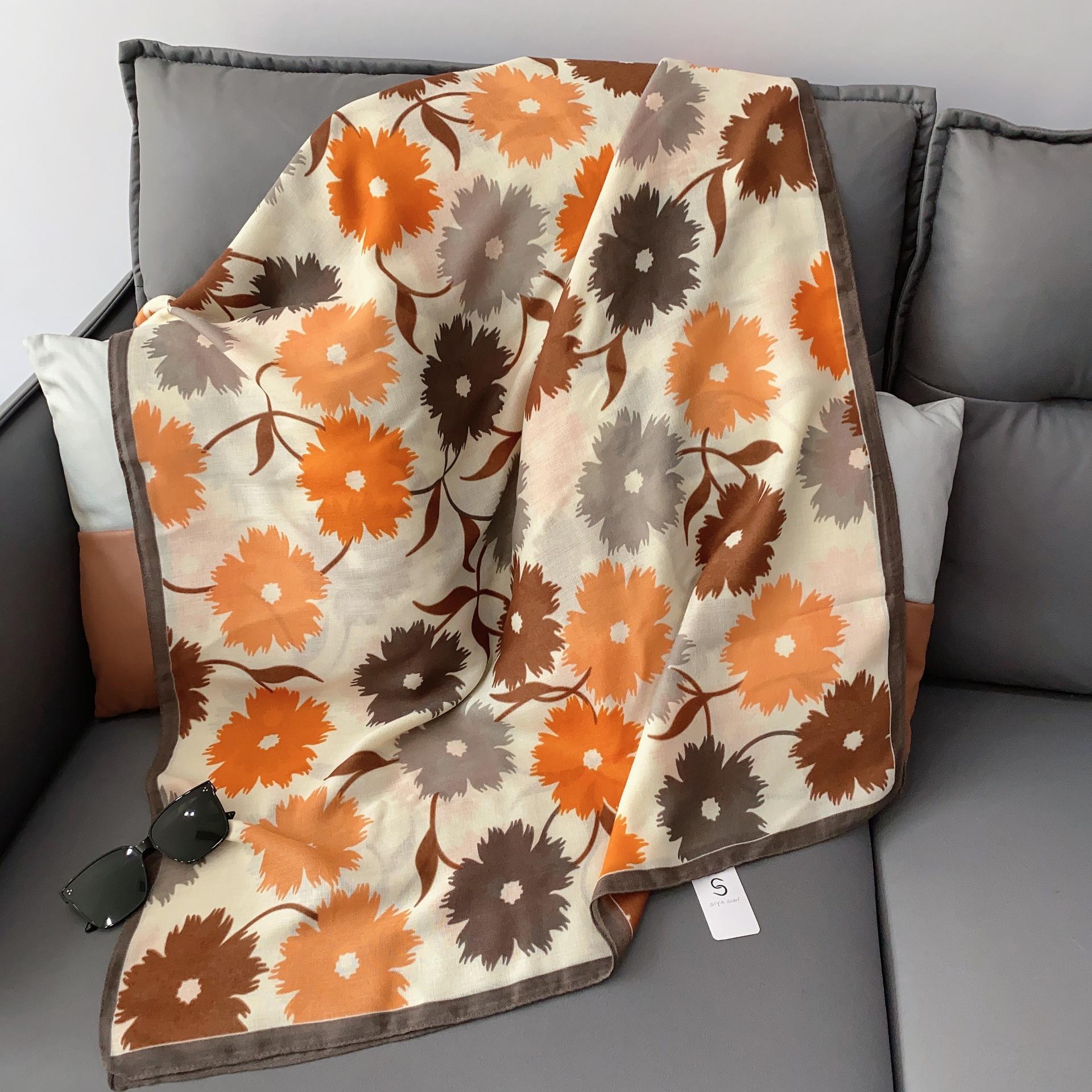 

Soft cotton and linen flower scarf women s spring and autumn 2025 new blue silk scarf mother versatile long fashion shawl 180*85cm