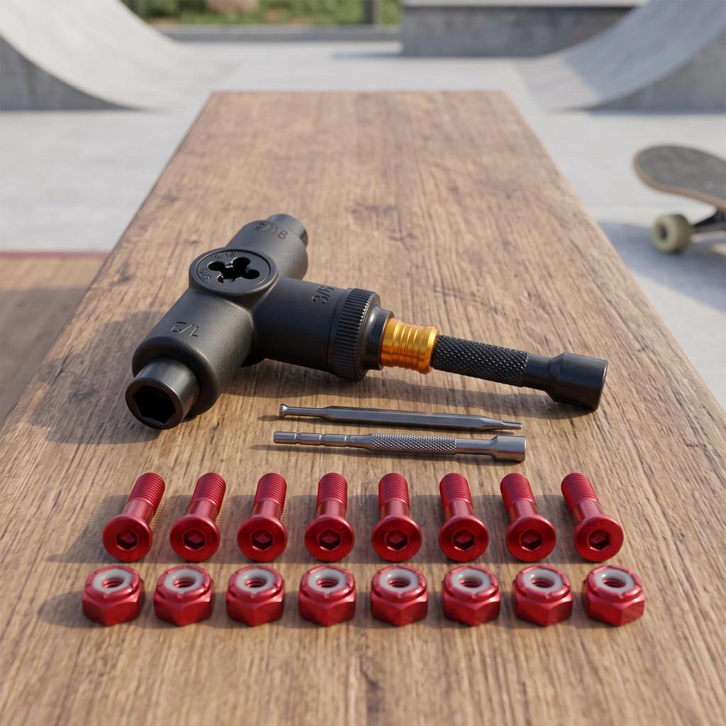 8pcs Replacement Skateboard Truck Hardware Set Longboard Screws Bolts Red T Handle Tool