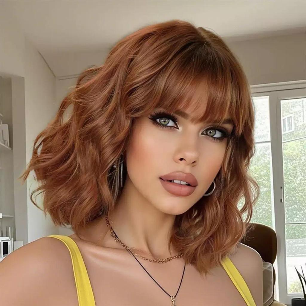 Short Wave Bob Wigs for Women with Bangs Medium Lenth Synthetic Natural Hair Wig for Daily Party Use