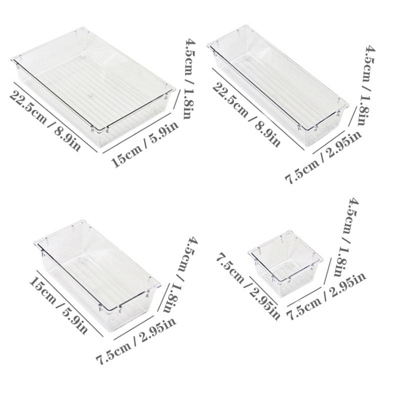 

4 Pack Clear Plastic Drawer Organizer Trays, Acrylic Kitchen Drawer Organization and Storage Dividers, Storage Bins for Makeup