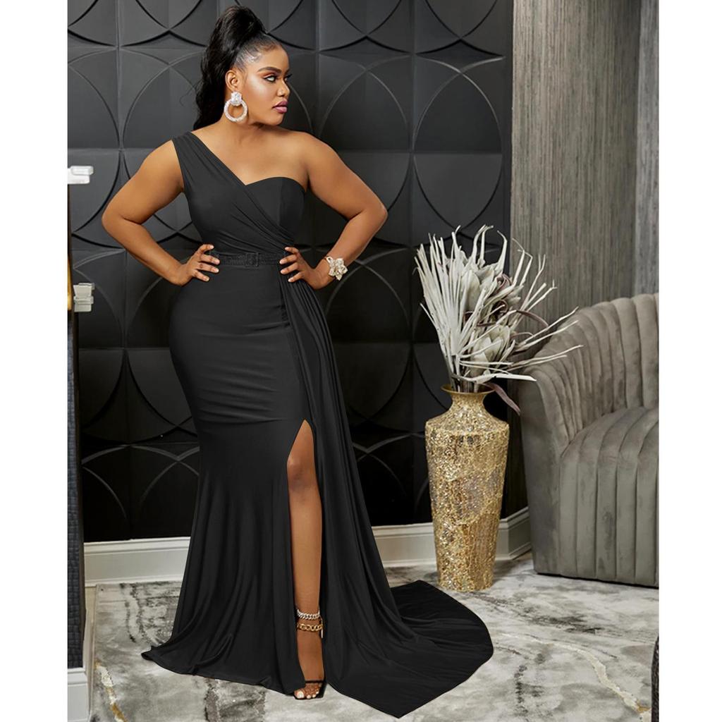 New Fashion Solid Color Sexy Tight One-shoulder Sleeve Long Dress for Party - Women's Private Wear Aristocratic Style Evening Gown