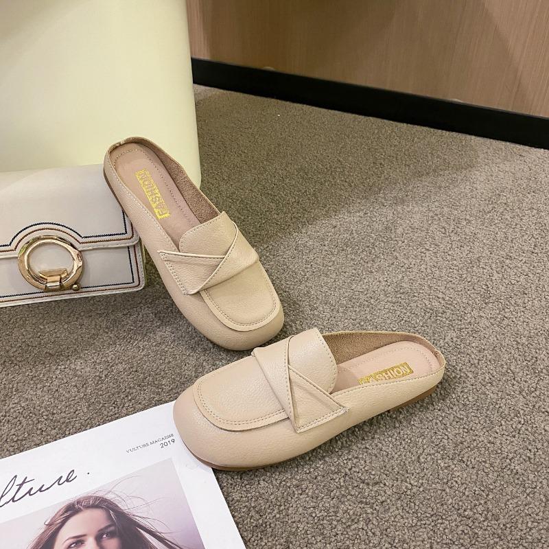 Fashion Classic Woman Square Closed Toe Slippers Summer Mules Flat Shoes Fashion Pu Leather Casual Sandals Women Wedding Shoes De Mujer