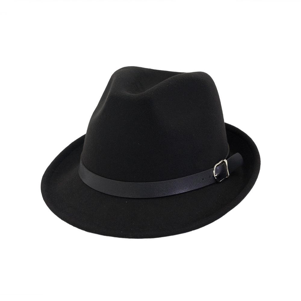 Short Brim Wool Felt Fedora Hat for Party with Belt Buckle чёрный