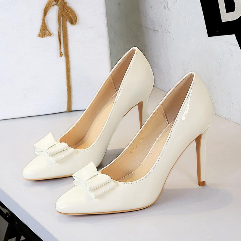 Korean Style Fashionable Style Bow Slim Heel High Heels Women's French Patent Leather Shiny Pointed Toe Shoes Female Elegant