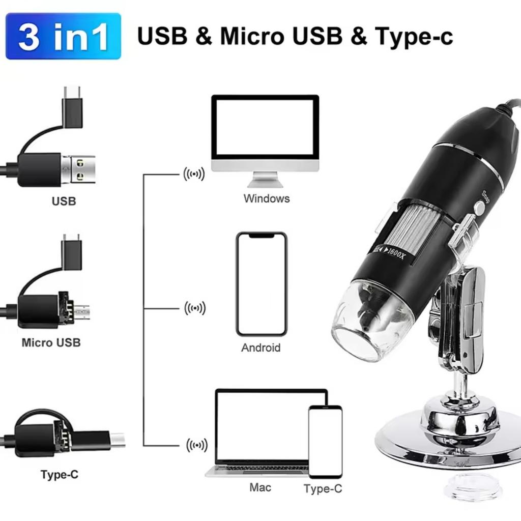 3-in-1 1600X Digital Microscope Type-C USB Electronic Magnifier for Coin Circuit Board Inspection Soldering