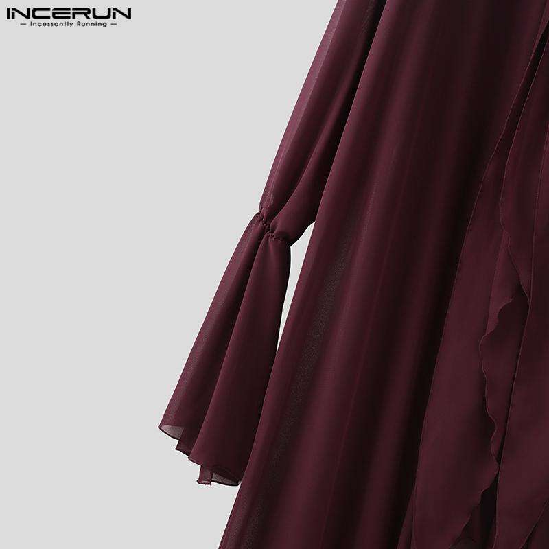 INCERUN Men Tie Up Neck Long Sleeve Ruffled Irregular Layers Mesh Long Tops Party Clubwear T-shirts