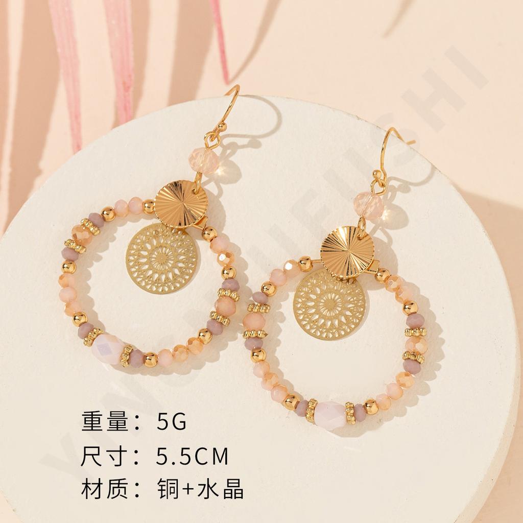 New crystal mixed color round brand hollow pendant earrings, fashionable women's temperament earrings and ear jewelry
