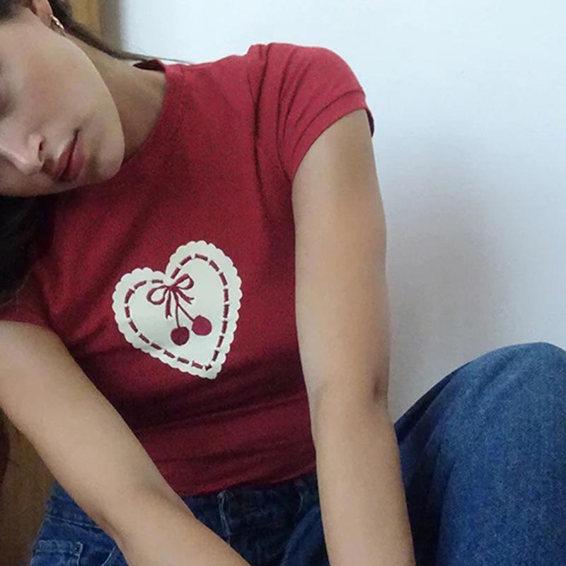 T-shirt imprimé Cherry Love pour femmes Spice Girls, pull à col rond, bas slim, hauts courts, printemps été