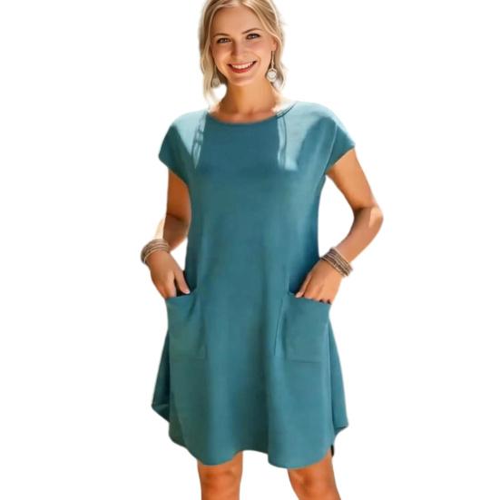 Summer Mini Dress for Women Short Sleeve Crew Neck A-line Swing Dress Casual Vacation Tunic Short Dress with Pockets XL синий