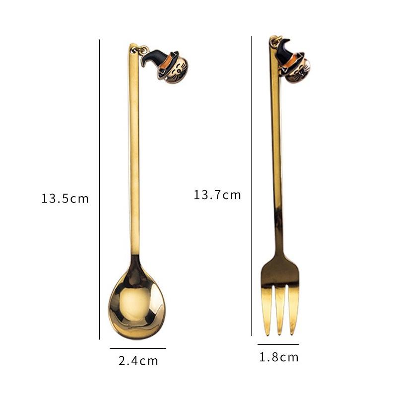 

Набор столовых приборов на Хэллоуин из нержавеющей стали, золотая ведьма, привидение, столовая посуда, чай, фрукты, ложка, вилка, набор для десерта на Хэллоуин, торт, ложка