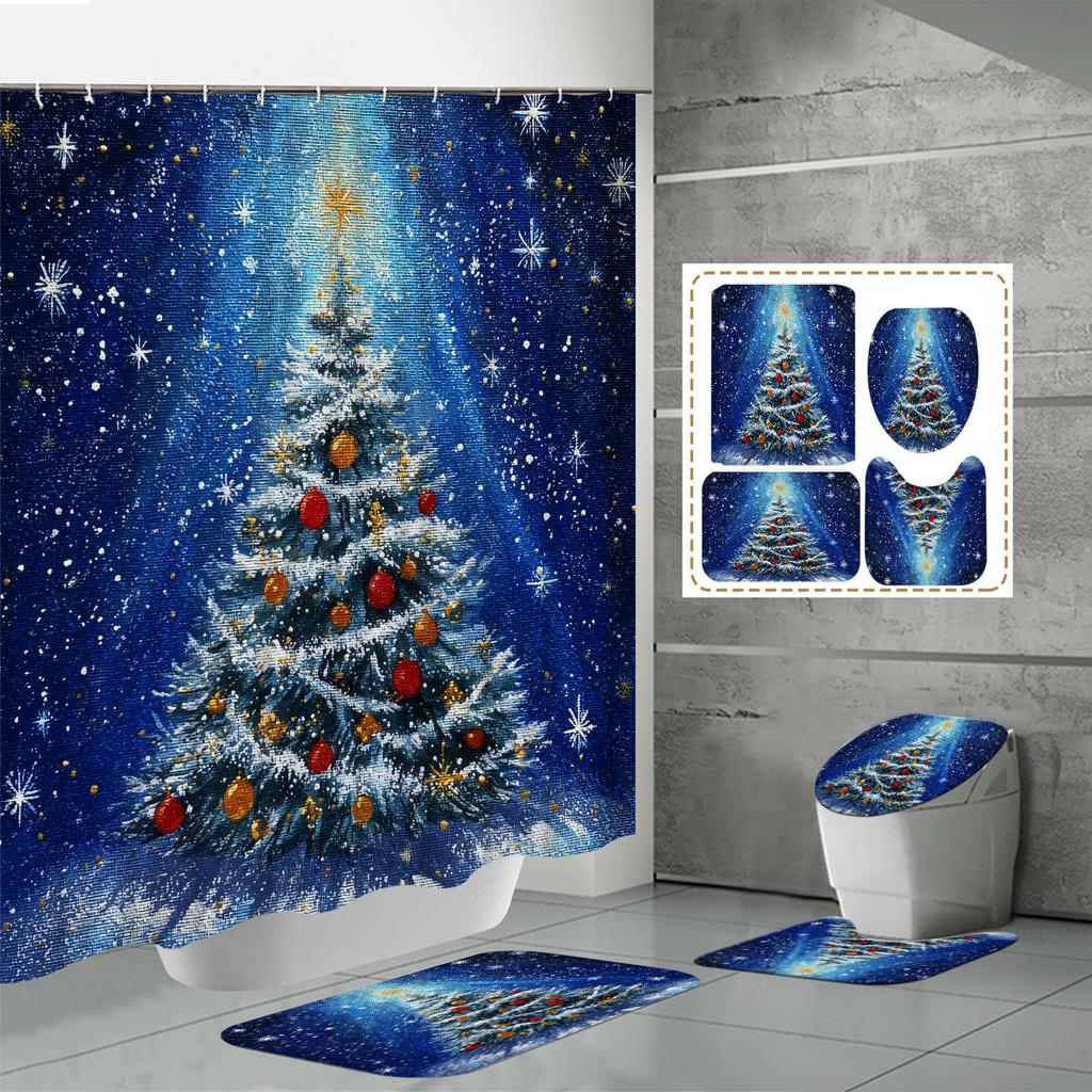 4PCS  Shower Curtain Sets With Shower Curtain And Rugs Toilet Lid Rug U Shape Mat And Bath Mat Bathroom Set  With 12 Hooks