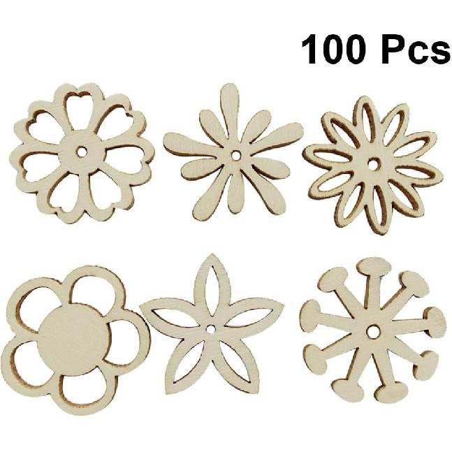 Amosfun 100PCS Wooden Flower Embellishments Patterns Cutouts Wooden Pieces Craft Ornament for DIY Art