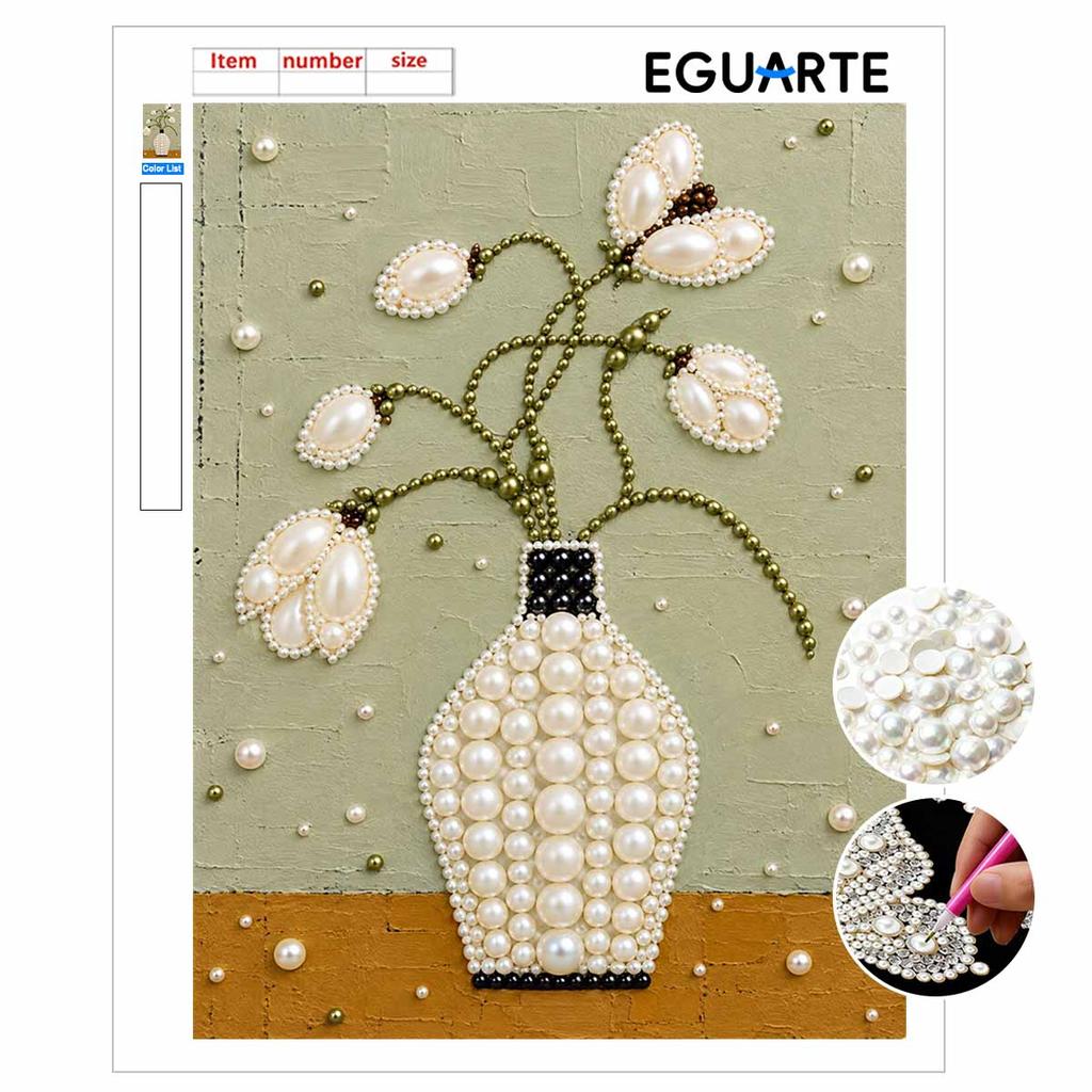 DIY Stretched Canvas Pearl Art Kit Flower Vase Floral Design 5D Sparkling Bead Painting Relaxing Hobby Gift for Home Decoration