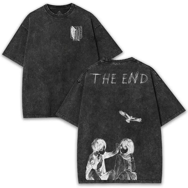 Anime Attack On Titan Eren Mikasa Print T-shirt Men Women Short Sleeve Clothing Cotton Tshirt Retro Washed T Shirt Harajuku Tops
