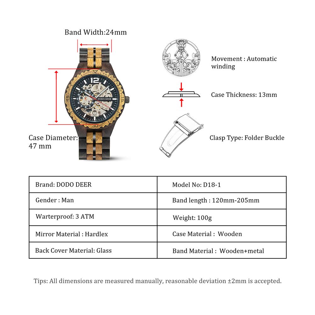 DODO DEER and Wooden Luminous Wooden Gift Premium Automatic Wood Watch Men's Women's Watch, Mechanical, Automatic, Skeleton, Index, Box, (D18-1