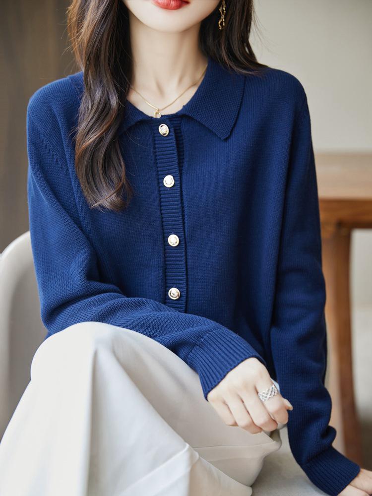 Cardigan ample côtelé pour femme 100% coton - Col rabattu, Tricot simple boutonnage pour le printemps et l'automne