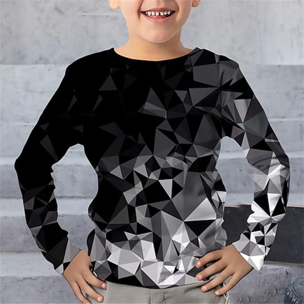 Frühlings- und Herbst-Rundhals-Oberteil mit 3D-Geometrie-Musterdruck, modisch, lässig, langärmelig, Kinder-Jungen-T-Shirts
